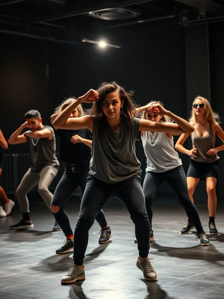 A dynamic photo of young dancers participating in a hip hop workshop, showcasing energy and engagement.