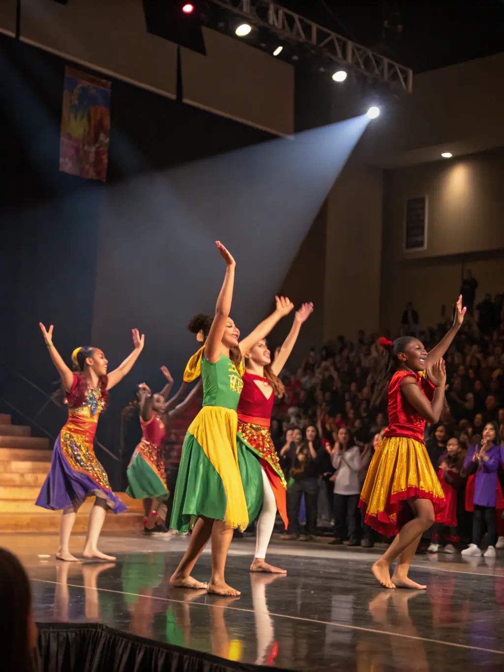 A vibrant photo of ASSOCIATION KIDZ OF DANCE performers on stage during a community event, showcasing their energy and talent.